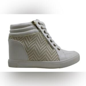 Aldo 7 White tan Herringbone High Top Wedge Sneakers Double zipper 3 inch heel